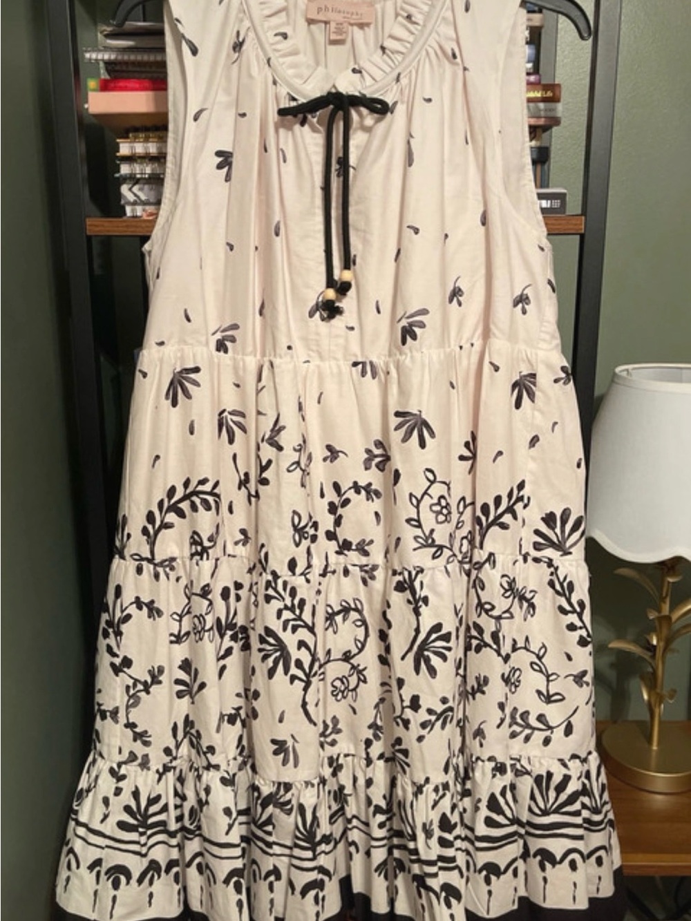 Philosophy Cream Midi Dress with Black Botanical Embroidery size medium